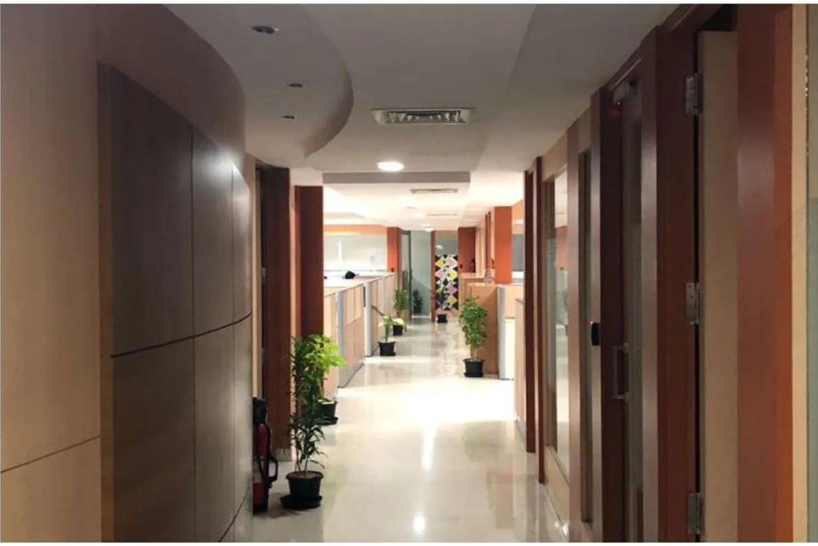 KG360 office fit-out Chennai by AlcorOne Solutions — wood-panelled corridor with planters