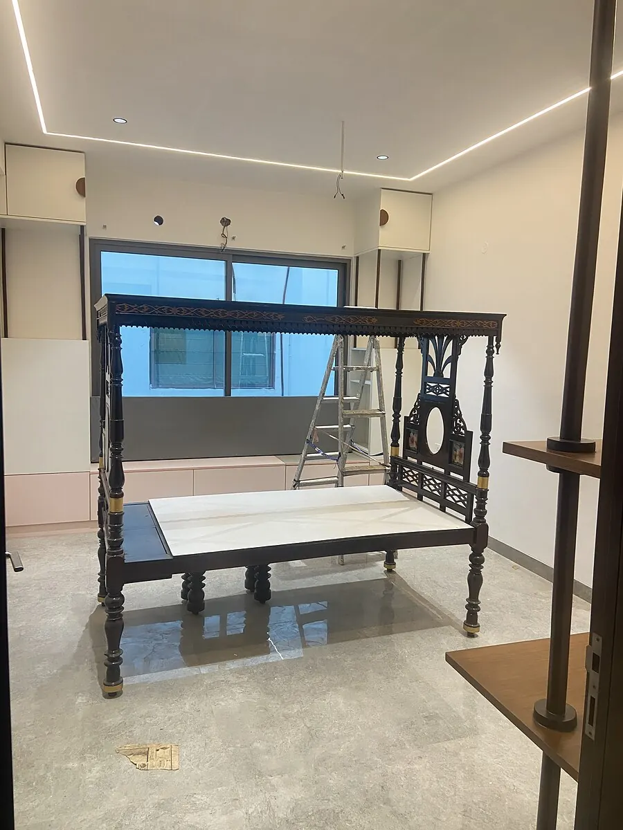 EIPL La Paloma duplex interior in Hyderabad by AlcorOne Solutions — Carved daybed
