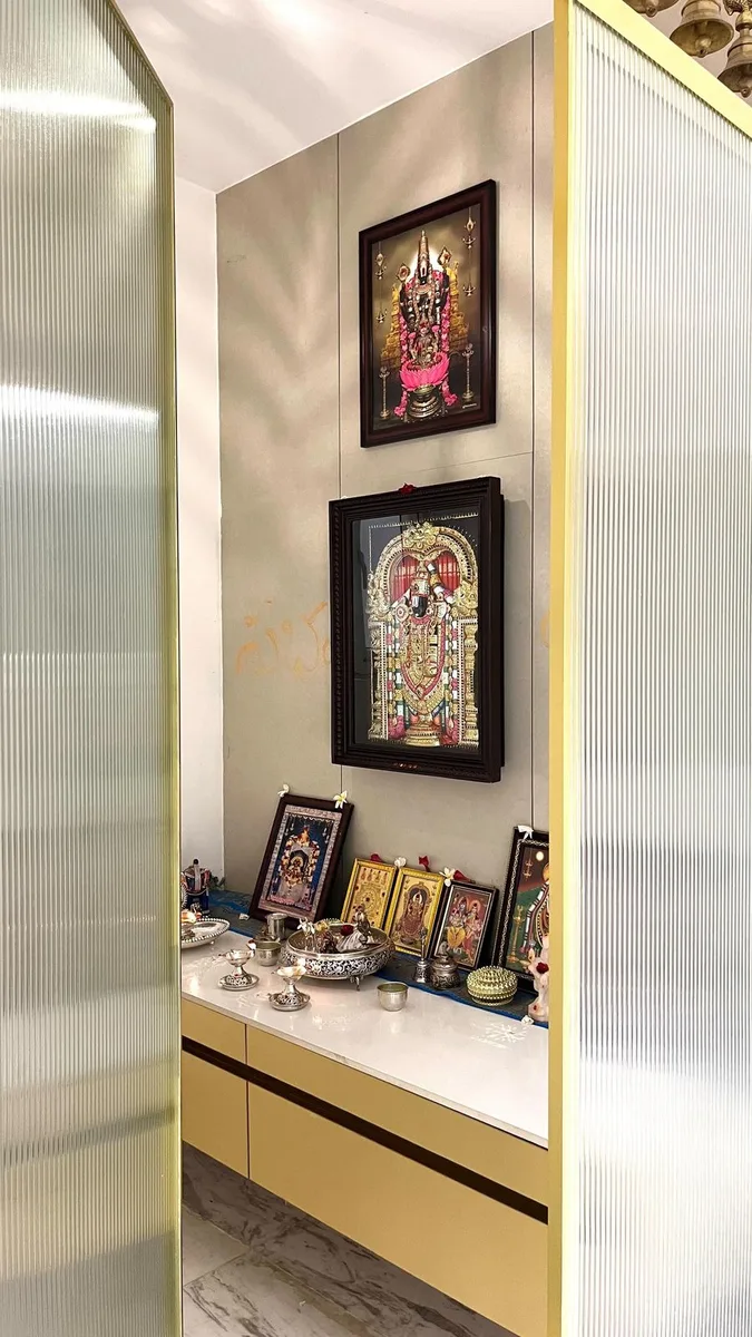 Serene 3BHK Residence interior in Hyderabad by AlcorOne Solutions — Pooja unit